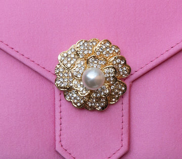 Gold Crystal and Pearl Flower Brooch