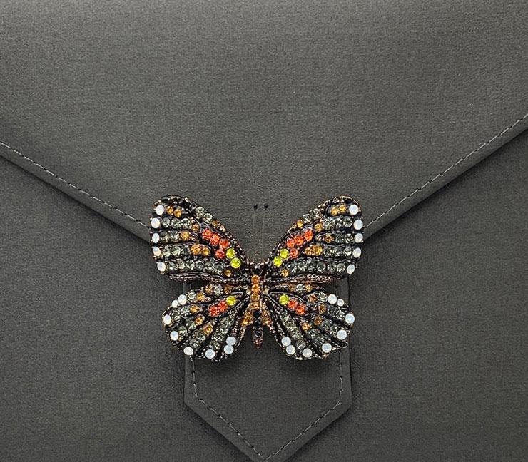 Grey and Orange Butterfly Crystal Brooch