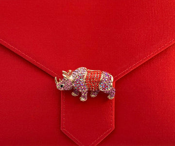 Red and Pink Crystal Rhino Brooch