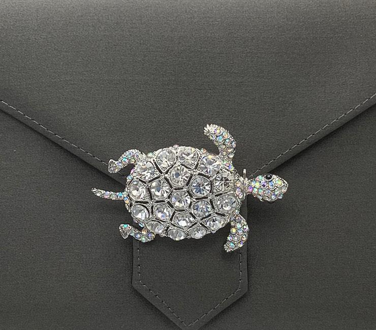 Silver Crystal Turtle Brooch